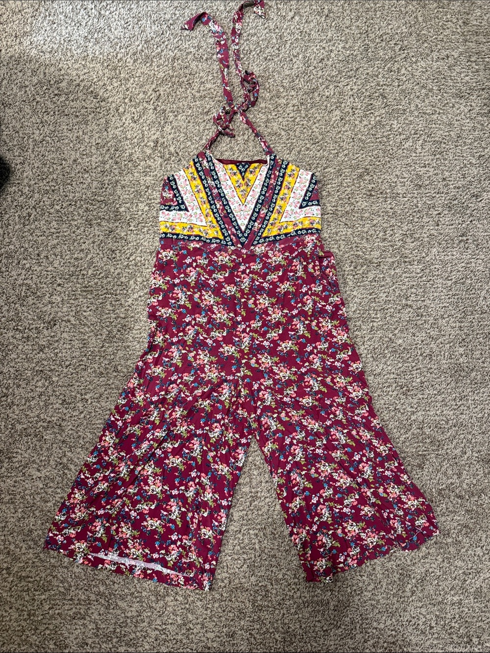 Xhilaration Burgundy Floral Halter Capri Romper with Yellow Accent